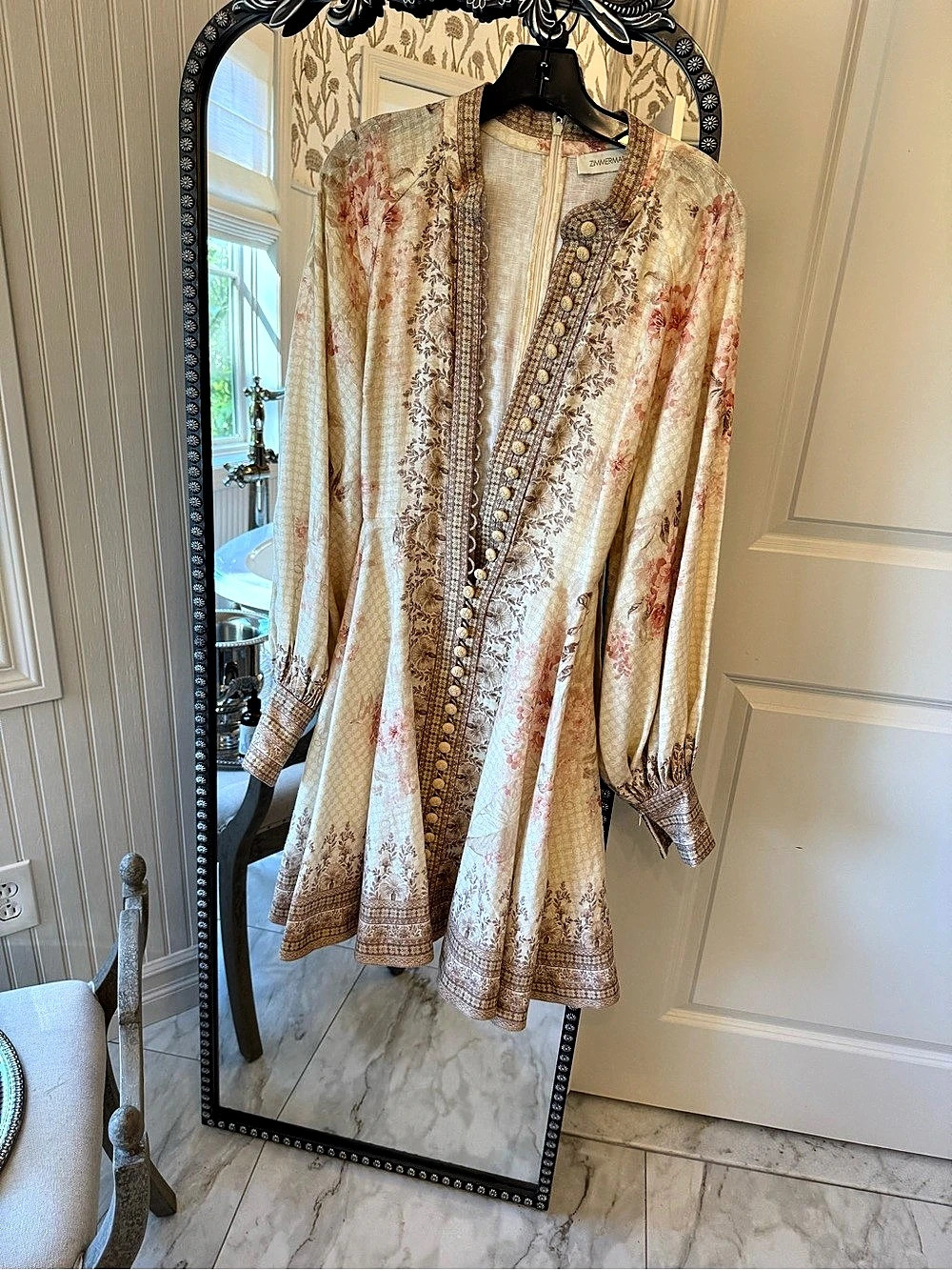 Zimmermann Postcard Buttoned Mini Dress Floral Cream & Brown. Size Zimmerman4/US